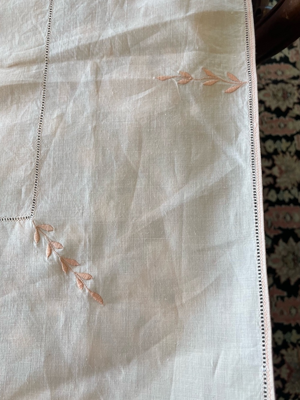 Vintage Mid Century Embroidered Leaf  Peach Linen Cotton Tablecloth - 44x44 in - Picture 5 of 10